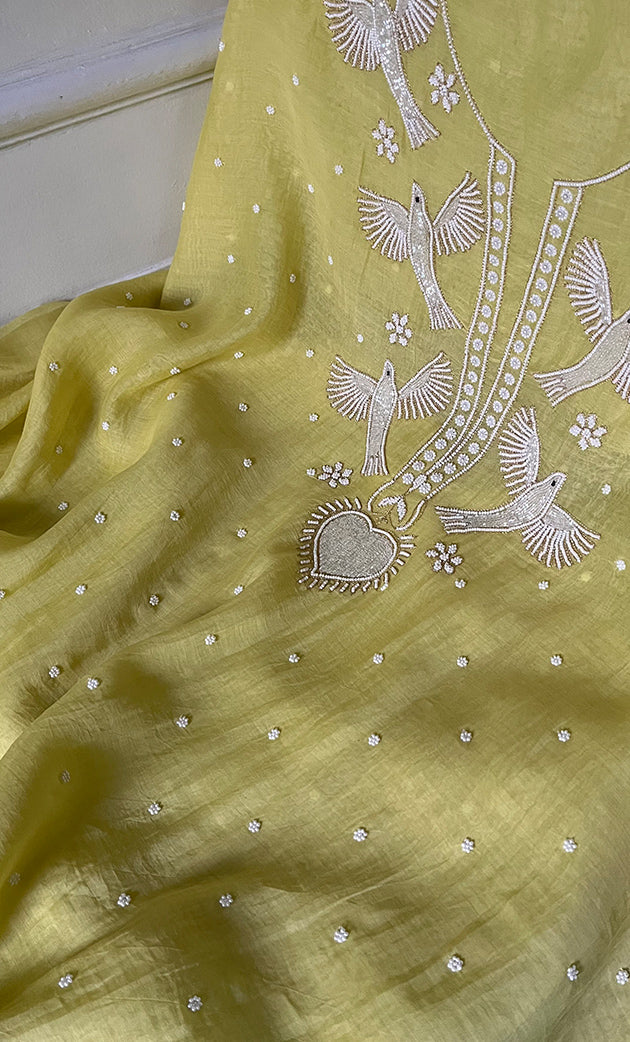 Chidiya Women's Lakhnavi Handcrafted Mul Chanderi Unstitched Chikankari Full Suit Material - HONC0330319