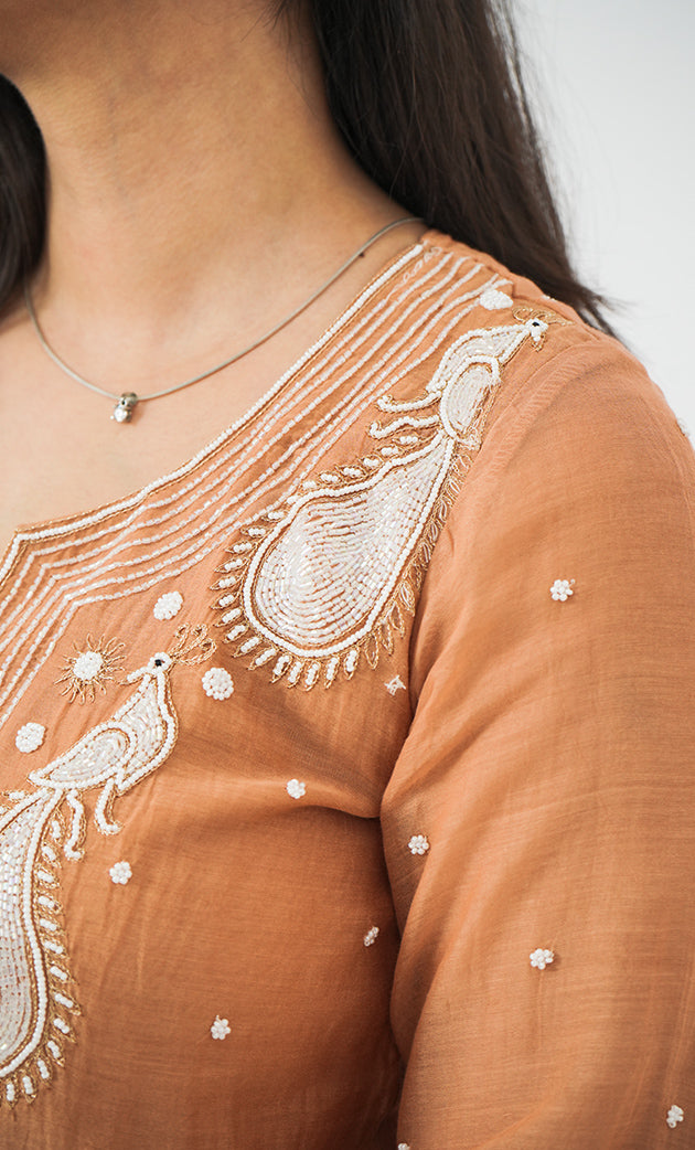 Women's Lakhnavi Handcrafted Mul Chanderi Chikankari Stitched Kurta, Dupatta And Pant Set - HONC03144550