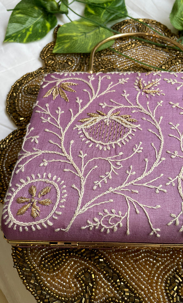 Elegant Lavender Handcrafted Chikankari Clutch- HONC0308933