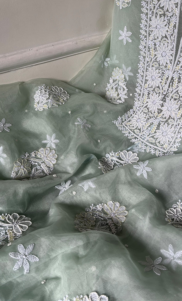 Women's Lakhnavi Handcrafted Organza Chikankari Unstitched Full Suit Material - HONC0270896