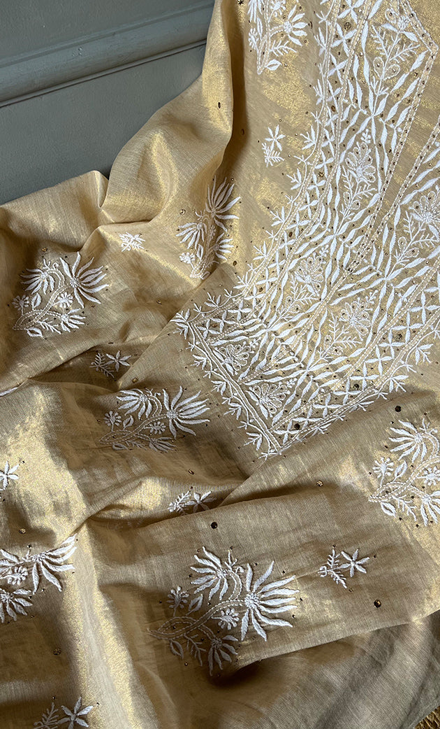 Women's Lakhnavi Handcrafted Tissue Chanderi Unstitched Kurta And Dupatta Set - HONC0278196