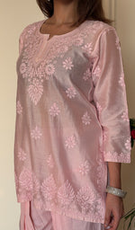 Anika Women's Lucknowi Handcrafted Chanderi Silk Chikankari Top with Farshi Salwar Set .
