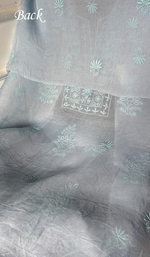 Women's Lakhnavi Handcrafted Pure Organza Silk Chikankari Unstitched Full Suit Material - HONC0365704