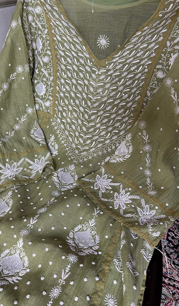 Aarushi Women's Lakhnavi Handcrafted Mul Chanderi Semi - stitched Chikankari Full Suit Material - HONC0