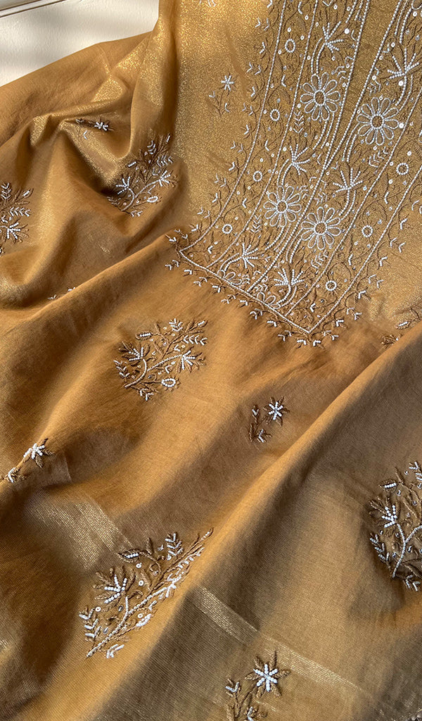 Women's Lakhnavi Handcrafted Tissue Chanderi Chikankari Suit Material - HONC0275990