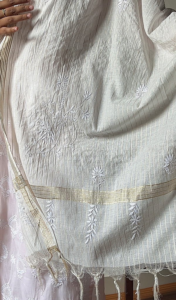 Women's Lakhnavi Handcrafted Chanderi Silk Chikankari Dupatta - HONC068109