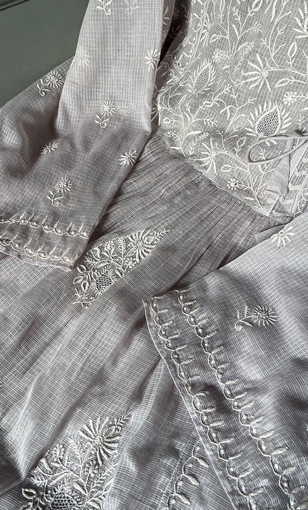 Sehmat Women's Lakhnavi Handcrafted Kota Cotton Semi - Stitched Angrakha And Dupatta Set- HONC0294480
