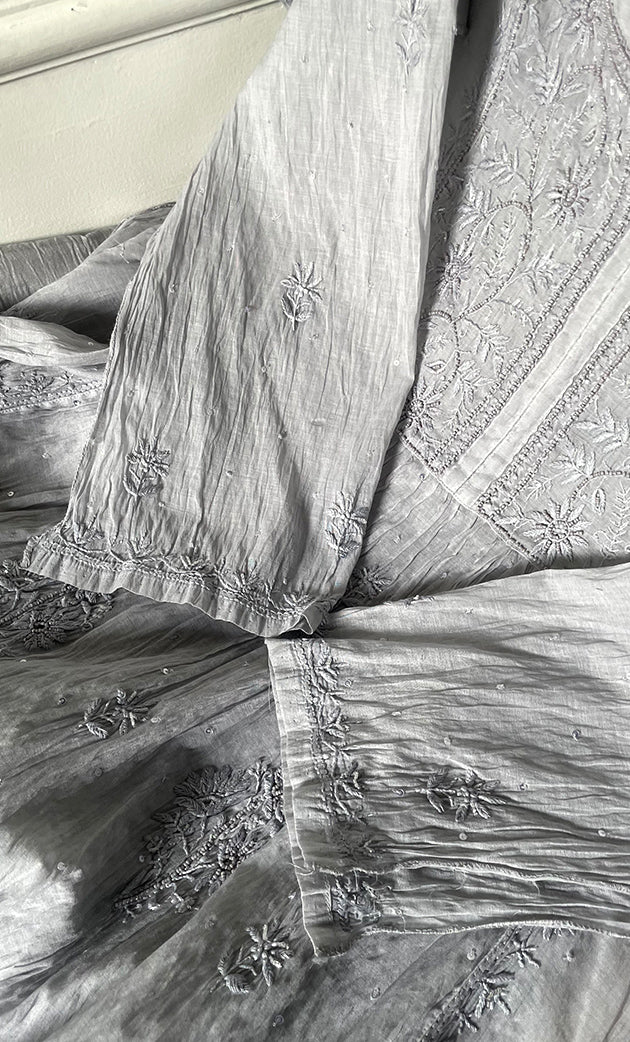 Women's Lakhnavi Handcrafted Mul Chanderi Semi - stitched Chikankari Full Suit Material - HONC0319560