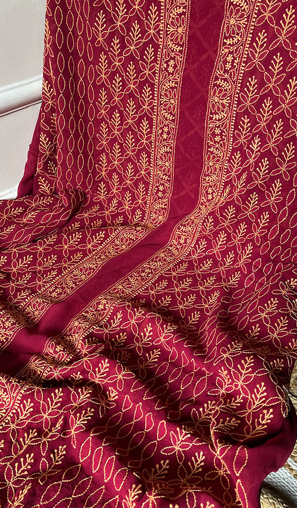 Lucknowi Handcrafted Pure Silk Georgette Chikankari Unstitched Men's Kurta Fabric - HONC0172044