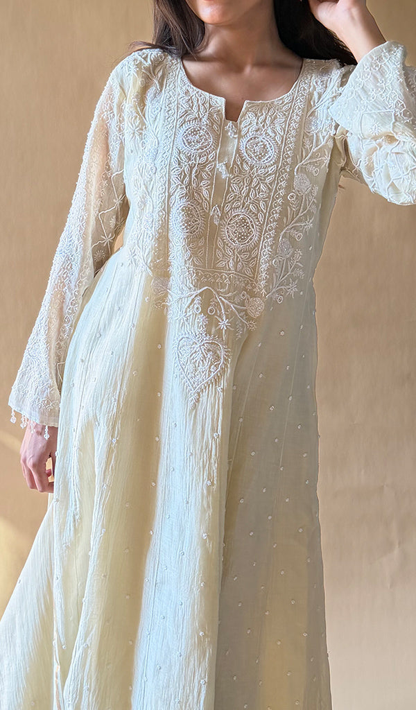 Laiba Women's Lucknowi Handcrafted Mul Chanderi Stitched Chikankari Anarkali , Dupatta With pant Set- HONC0354799