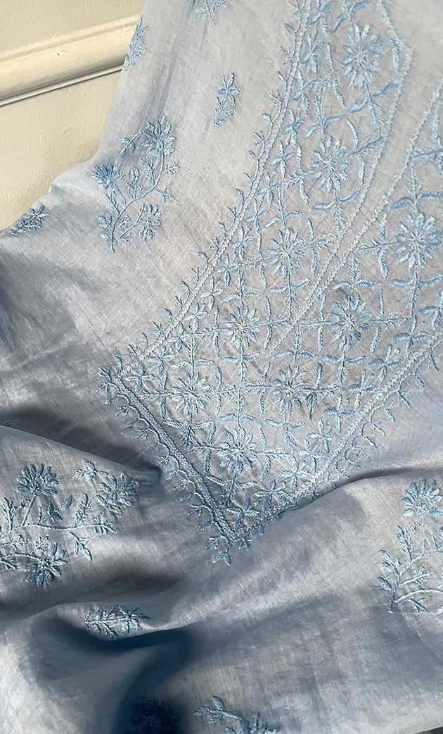 Women's Lakhnavi Handcrafted Mul Chanderi Unstitched Chikankari Full Suit Material - HONC0319533