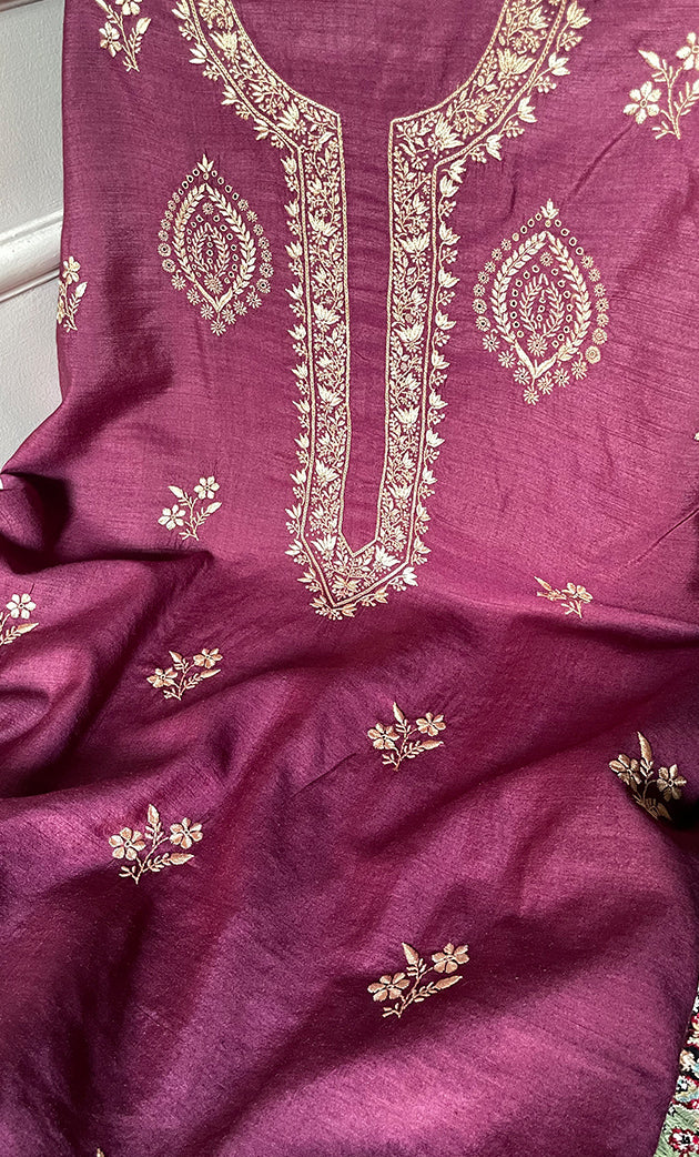 Lucknowi Handcrafted Munga Silk Chikankari Unstitched Men's Kurta Fabric - HONC0327308