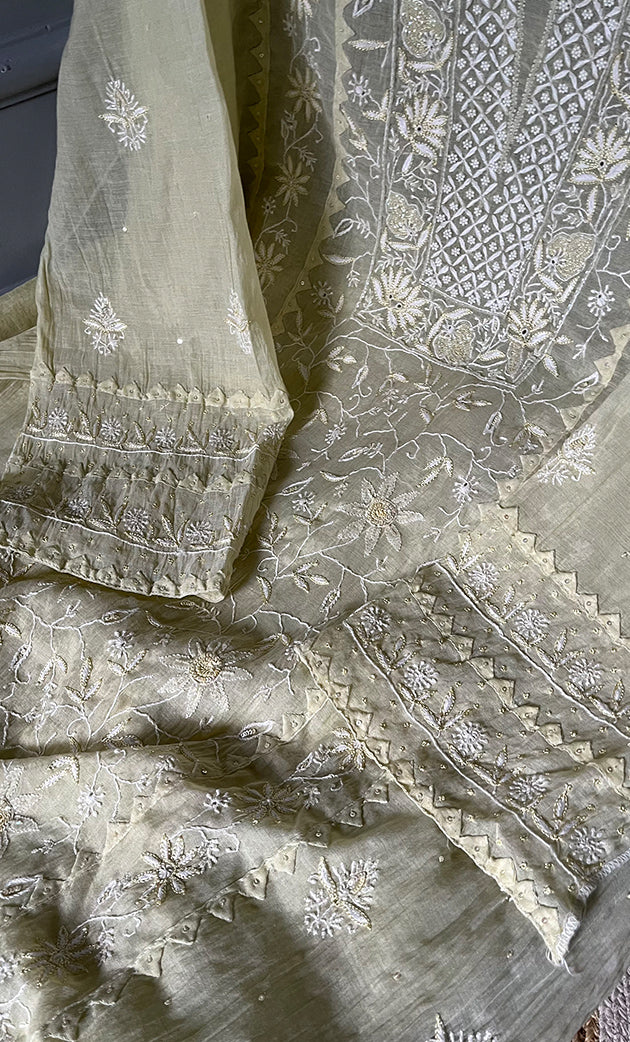 Women's Lakhnavi Handcrafted Mul Chanderi Semi - Stitched Kurta And Dupatta Set - HONC0297757