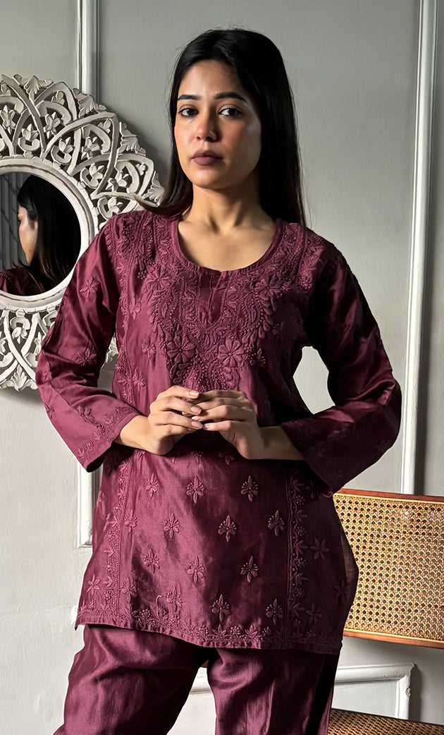 Imara Women's Lakhnavi Handcrafted Chanderi Silk Chikankari Top And Pant Set - HONC0340440