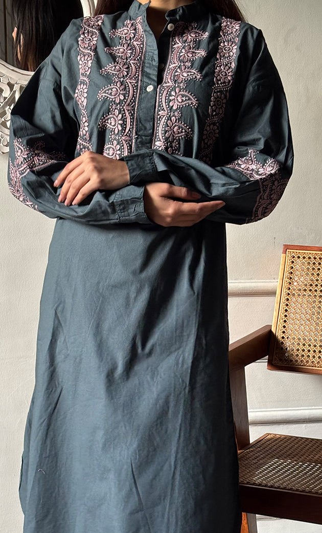 Women's Lakhnavi Handcrafted Cotton Chikankari Oversized Kurta And Pant Set - HONC0297435