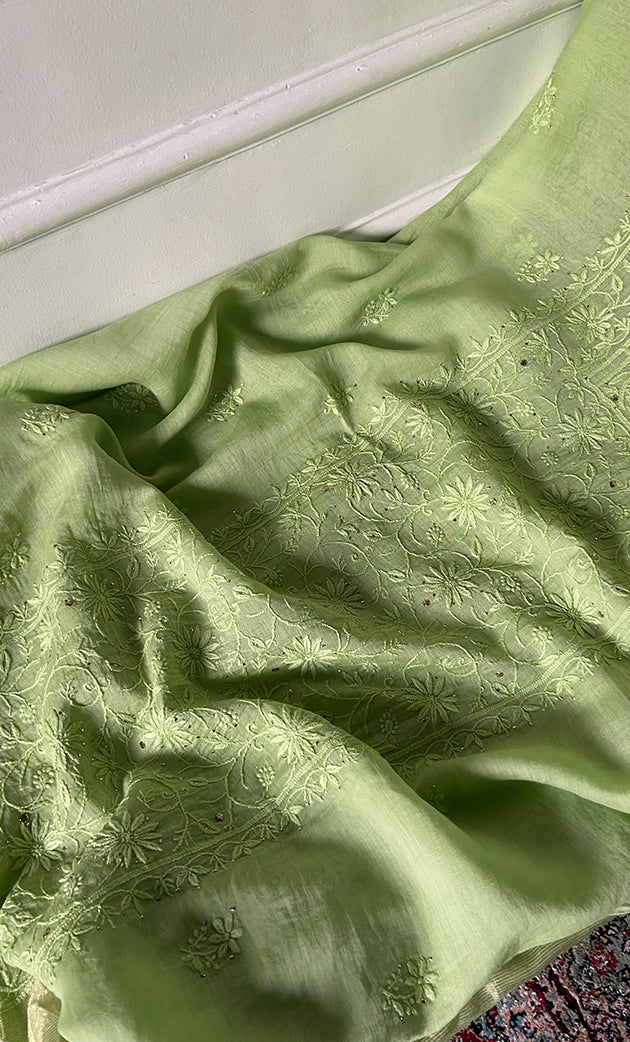 Women's Lakhnavi Handcrafted Mul Chanderi Unstitched Chikankari Full Suit Material - HONC0324498