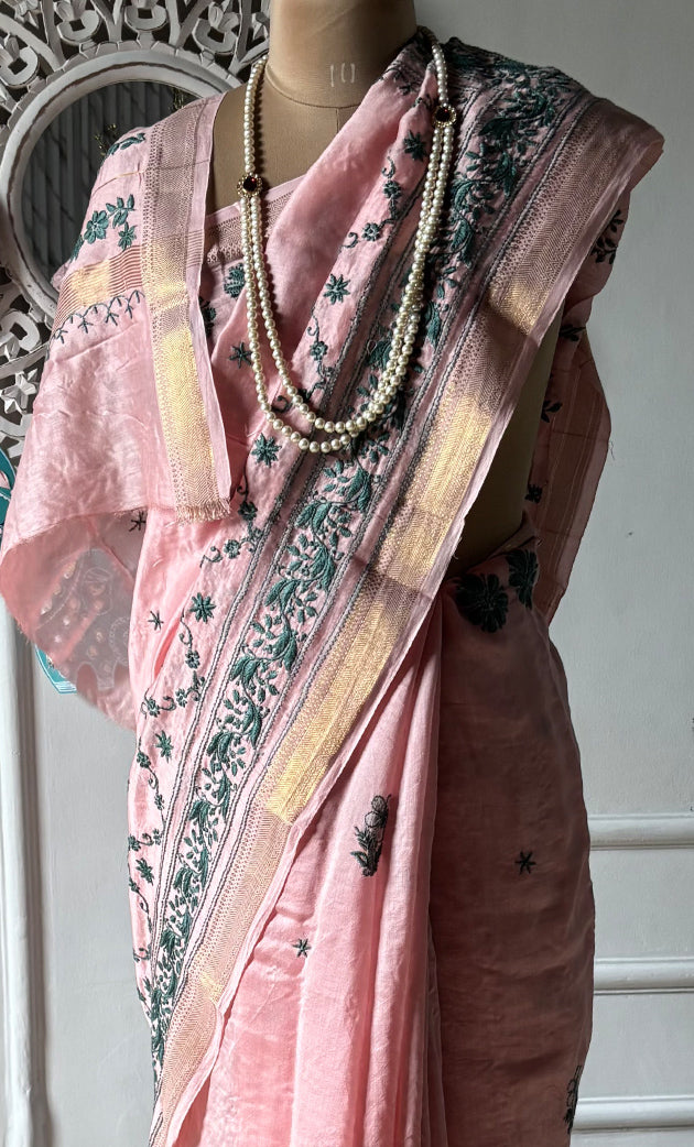 Women's Lakhnavi Handcrafted Chanderi Silk Chikankari Saree - HONC0312052