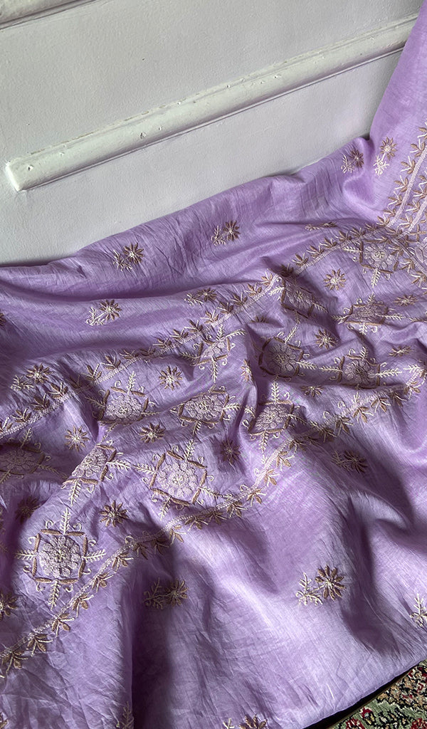 Women's Lakhnavi Handcrafted Chanderi Silk Unstitched Chikankari Full Suit - HONC0369255