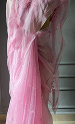 Load image into Gallery viewer, Women&#39;s Lucknowi Handcrafted Pure Organza Silk Chikankari Saree - HONC02283189
