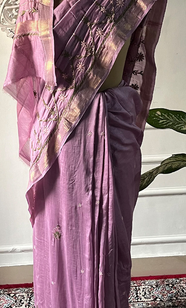 Women's Lakhnavi Handcrafted Mul Chanderi Chikankari Saree - HONC0312055