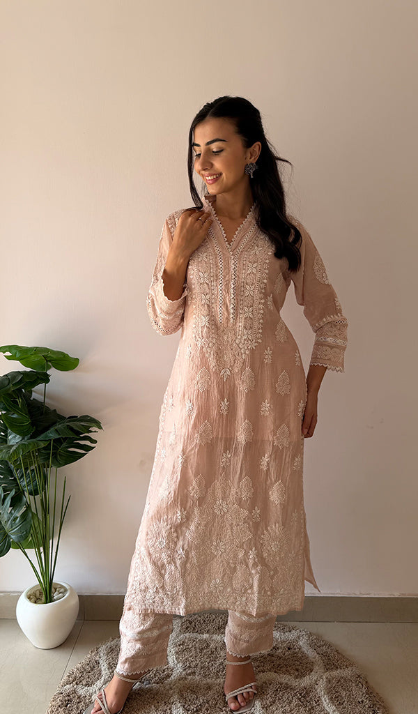 Women's Lucknowi Handcrafted Mul Chanderi Stitched Chikankari Kurta And Plazzo Set- HONC03788220