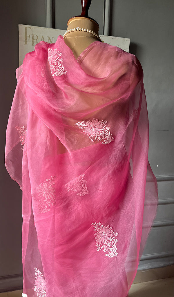 Women's Lucknowi Handcrafted Pure Organza Silk Chikankari Saree - HONC0294650