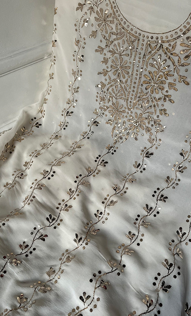 Women's Lakhnavi Handcrafted Pure Silk Georgette Chikankari Kurta And Dupatta Set- HONC0309588
