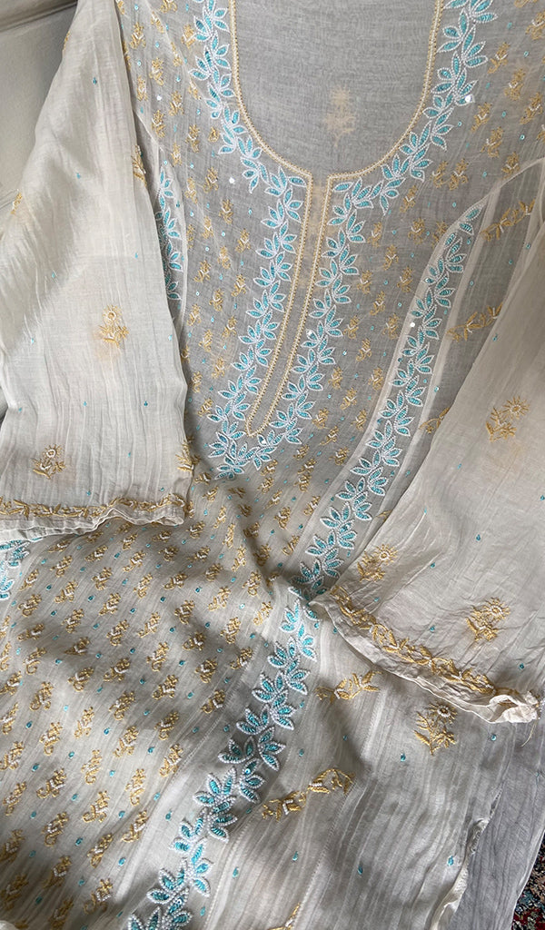 Saziya Women's Lakhnavi Handcrafted Mul Chanderi Semi - Stitchd Kurta And Dupatta Set - HONC0307231