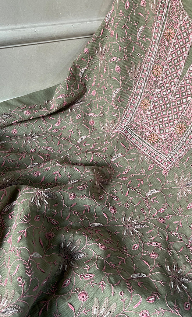 Mehr Women's Lakhnavi Handcrafted Maheshwari Mul Chanderi Unstitched Kurta And Dupatta Set - HONC0294446