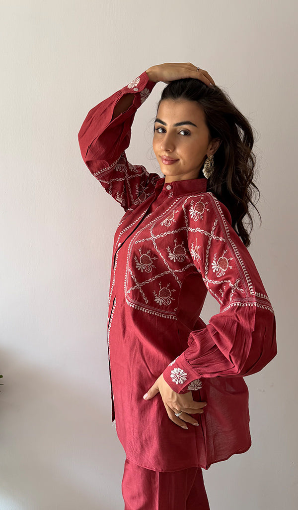 Women's Lakhnavi Handcrafted Chanderi Silk Chikankari Top And Pant Set - HONC0379822