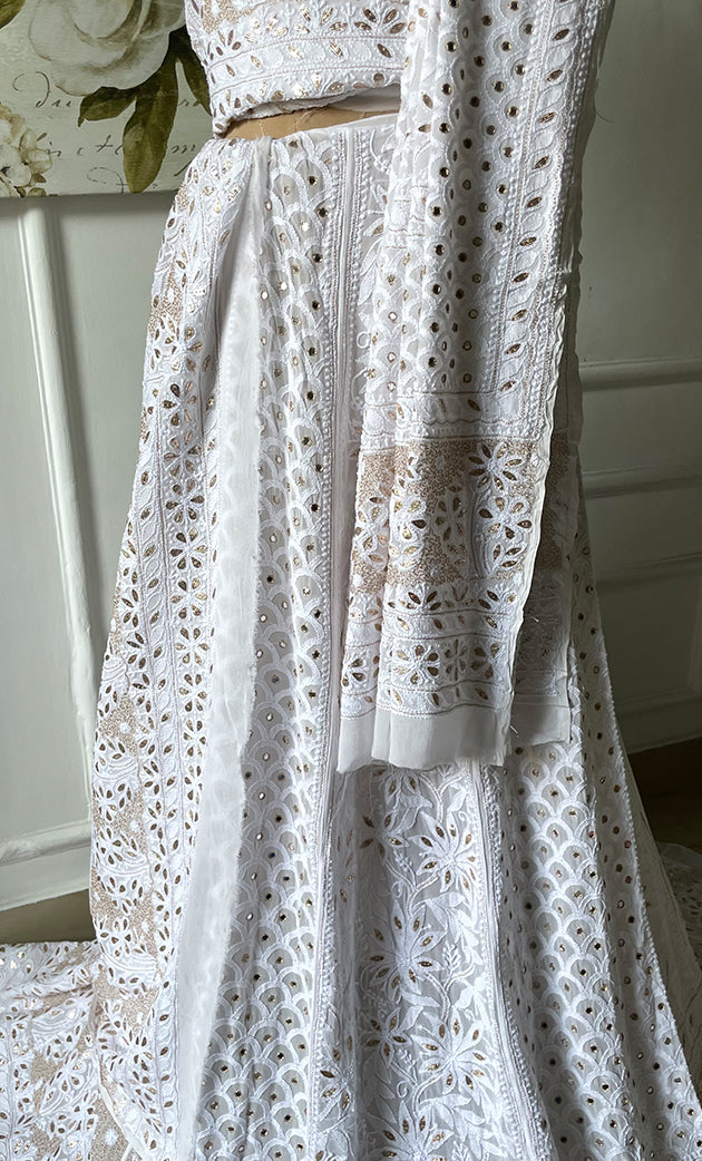 Women's Lakhnavi Handcrafted Bridal Viscose Georgette Chikankari Lehenga Set - HONC0265092