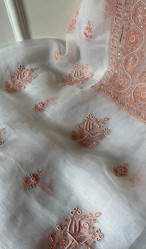 Women's Lakhnavi Handcrafted Pure Organza Chikankari Unstitched Kurta And Dupatta Set- HONC0270074