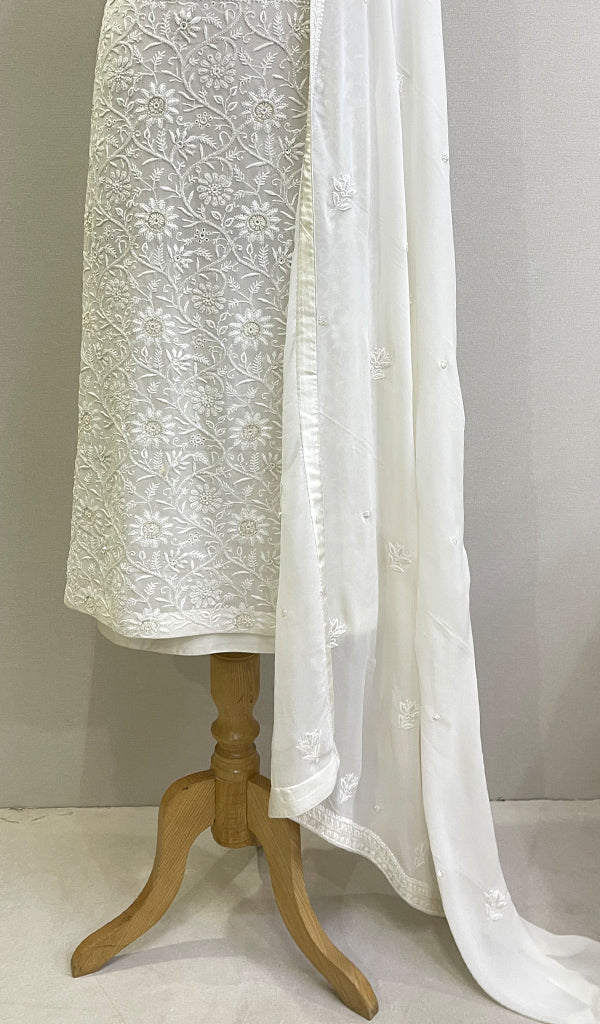 Women's Lakhnavi Handcrafted Pure Silk Georgette Chikankari Full Suit Fabric - HONC0177883