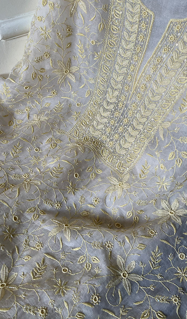 Women's Lakhnavi Handcrafted Pure Organza Chikankari Unstitched Kurta And Dupatta Set- HONC0271900