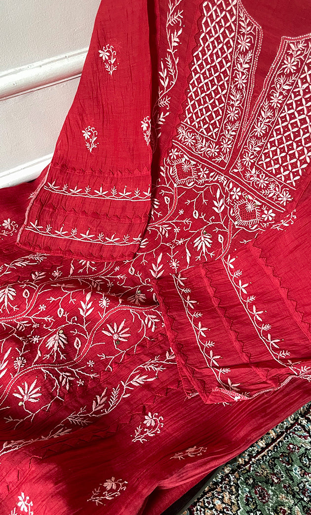 Women's Lakhnavi Handcrafted Semi- stitched Mul Chanderi Kurta And Dupatta Set - HONC0282410