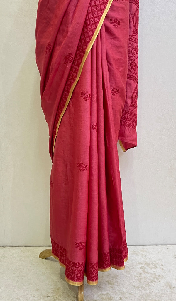 Women's Lakhnavi Handcrafted Tussar Silk Chikankari Saree - HONC0160729