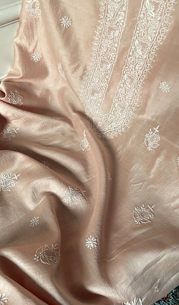 Women's Lucknowi Handcrafted Chanderi Silk Unstitched Chikankari Kurta and Dupatta Set- HONC0288649