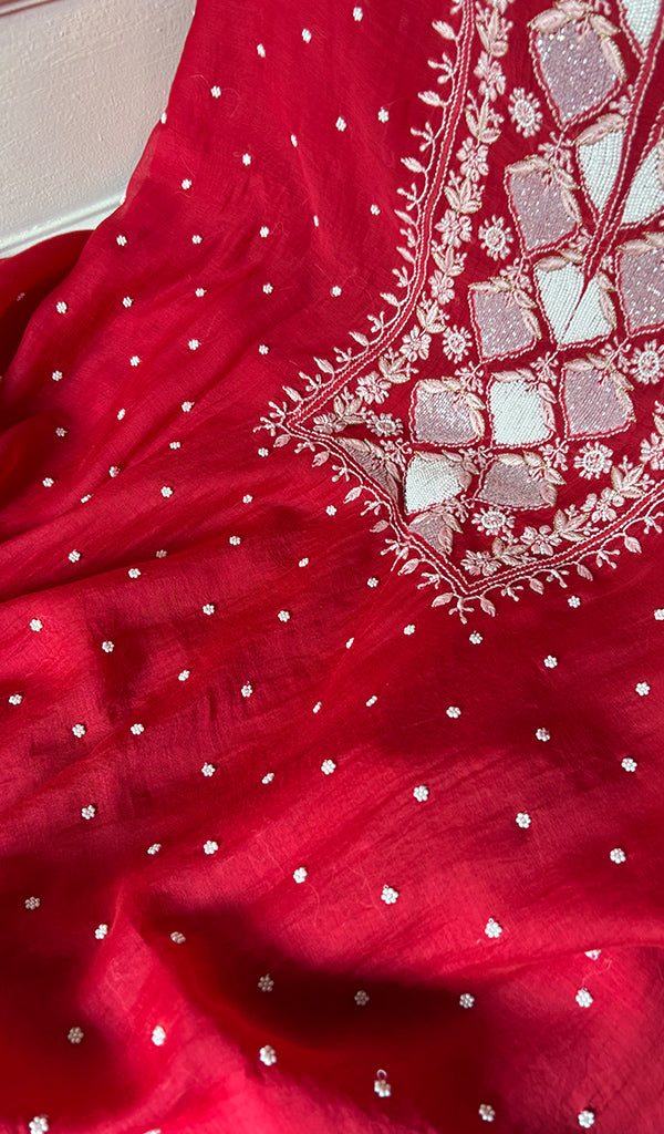 Jazba Women's Lakhnavi Handcrafted Mul Chanderi Unstitched Kurta And Dupatta Set - HONC0356296