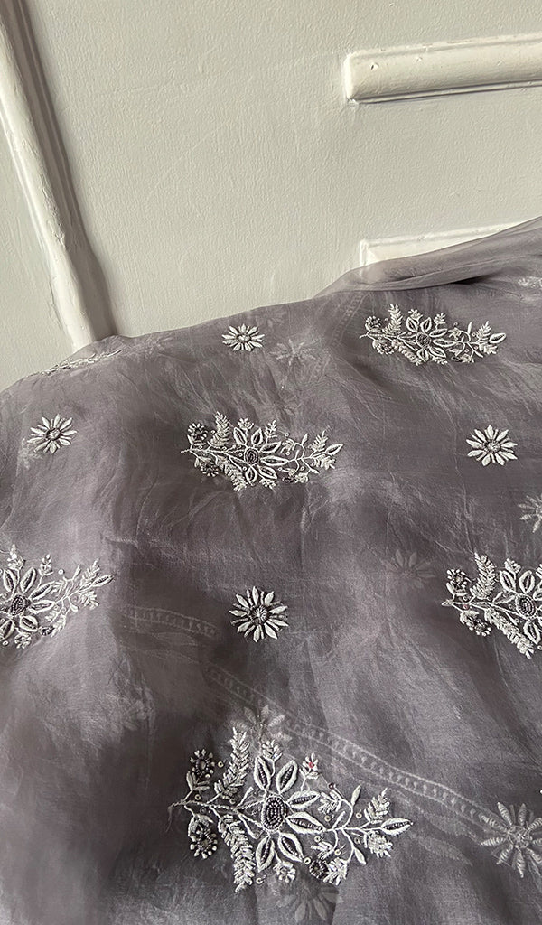 Women's Lakhnavi Handcrafted Pure Organza Chikankari Unstitched Kurta And Dupatta Set- HONC0335082