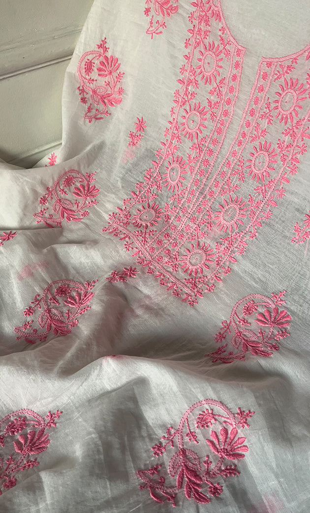 Women's Lakhnavi Handcrafted Mul Chanderi Unstitched Chikankari Kurta And Dupatta Set - HONC0321889