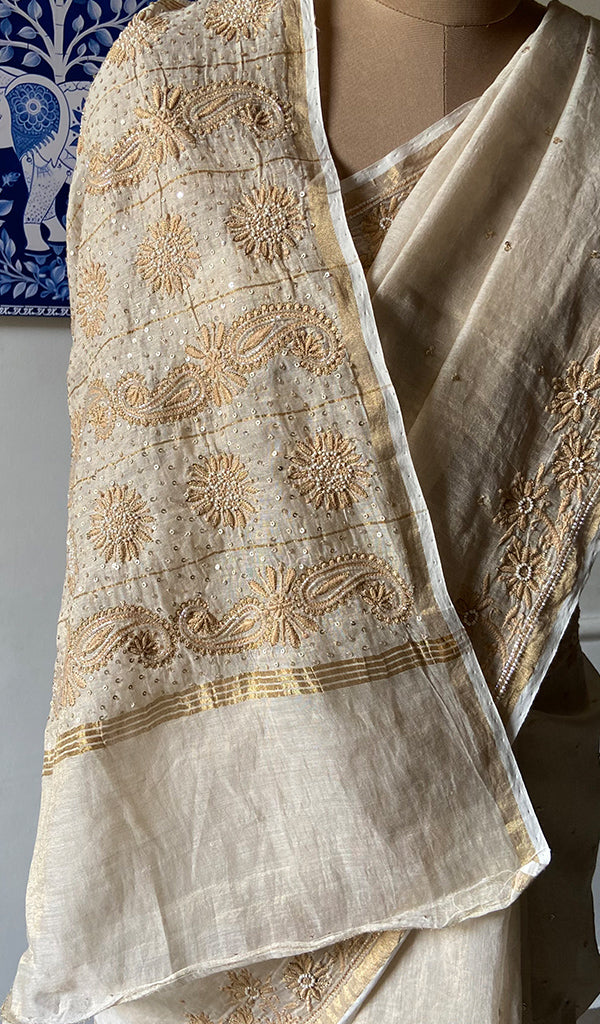 Women's Lakhnavi Handcrafted Tissue Chanderi Chikankari Saree - HONC0339786