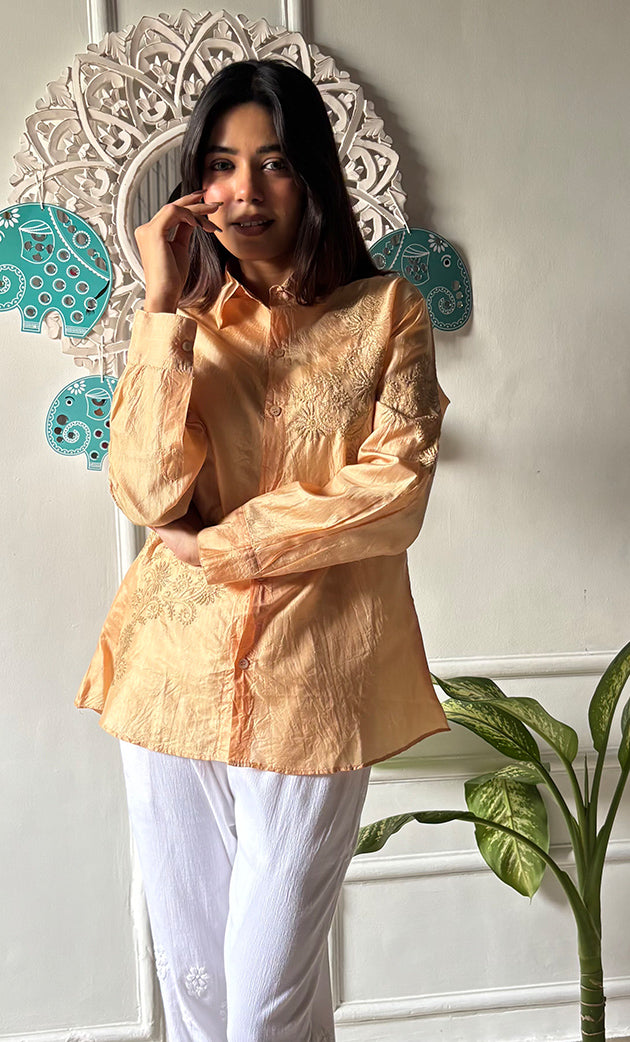 Arohi Women's Lakhnavi Handcrafted Pure Manglore silk Shirt with fine Chikankari - HONC0306900