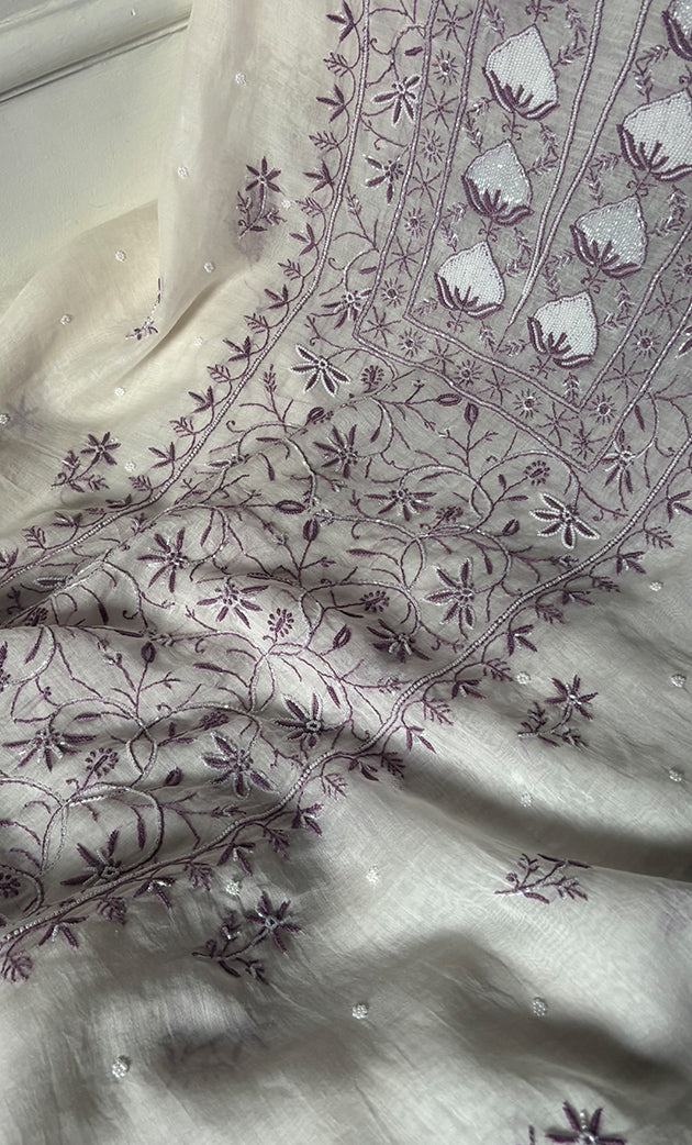 Women's Lakhnavi Handcrafted Unstitched Mul Chanderi Kurta And Dupatta Set - HONC0327489