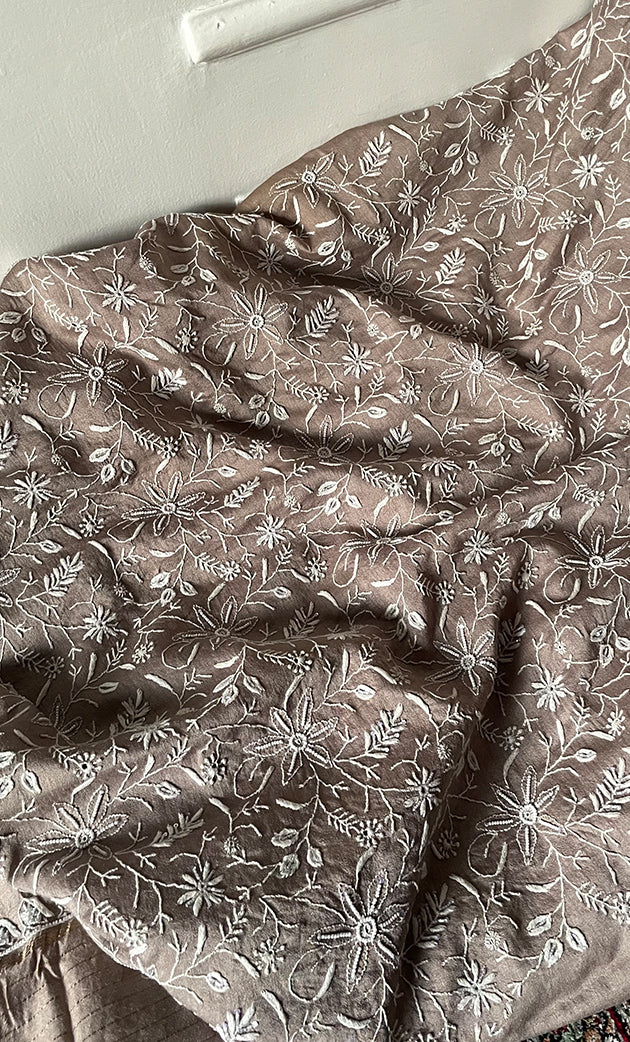 Women's Lakhnavi Handcrafted Unstitched Munga Silk Chikankari Kurta And Dupatta Set- HONC0280937