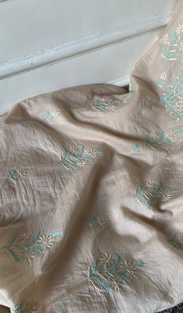 Women's Lakhnavi Handcrafted Mul Chanderi Unstitched Chikankari Full Suit Material - HONC0369252