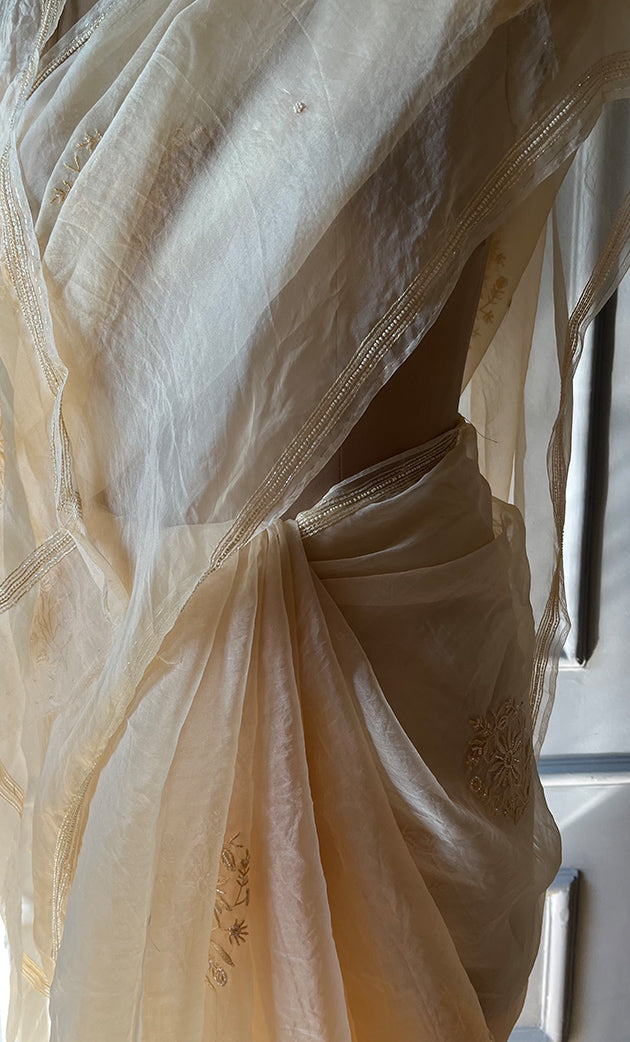 Amna Women's Lucknowi Handcrafted Pure Organza Silk Chikankari Saree - HONC0297165