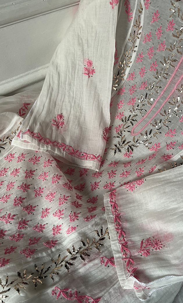 Saziya Women's Lakhnavi Handcrafted Mul Chanderi Semi - Stitched Kurta And Dupatta Set - HONC0337748