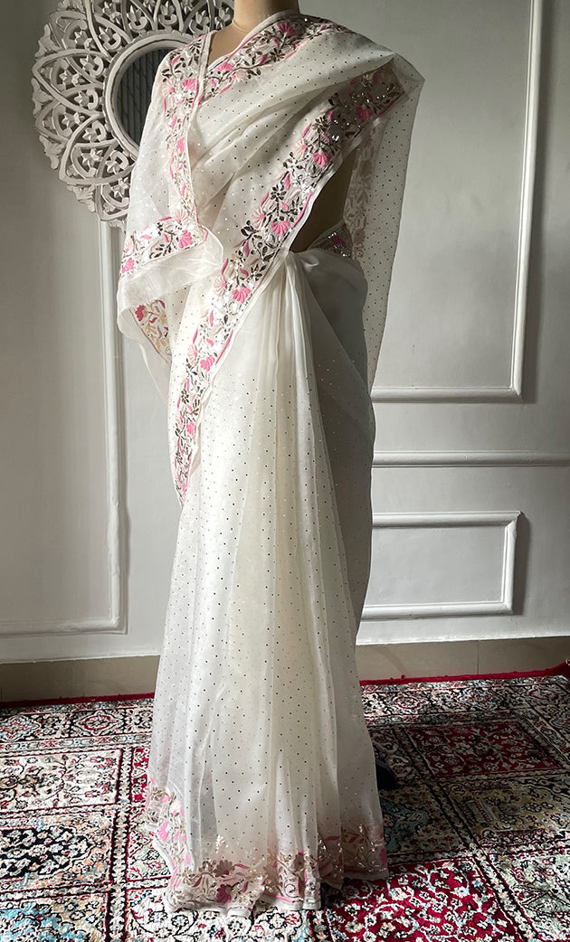 Women's Lucknowi Handcrafted Pure Organza Silk Chikankari Saree - HONC0329246