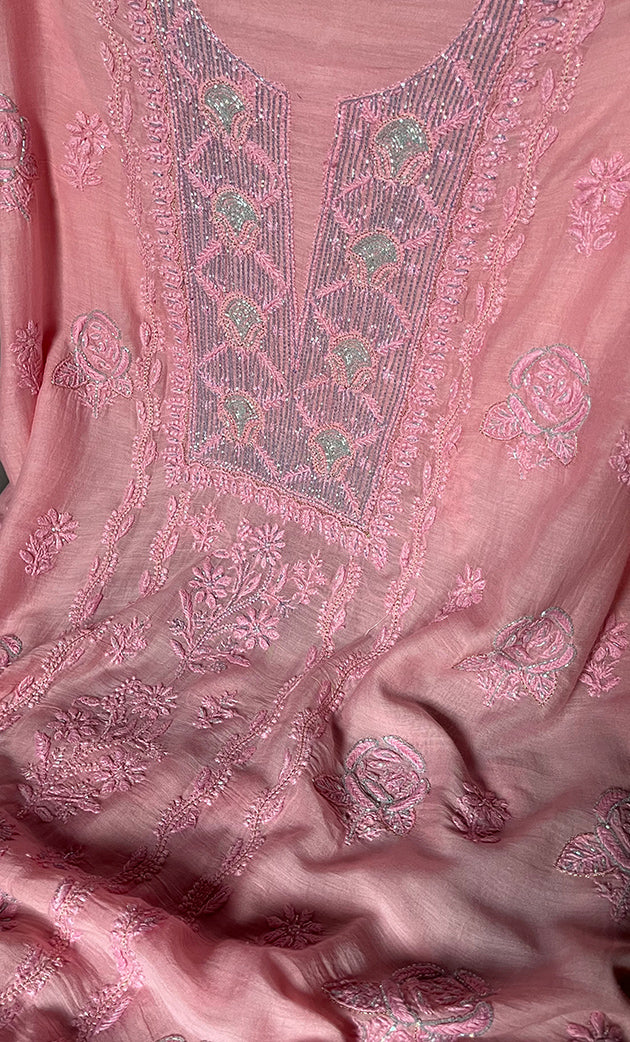 Women's Lakhnavi Handcrafted Mul Chanderi Chikankari Unstitched Kurti Fabric - HONC0307146