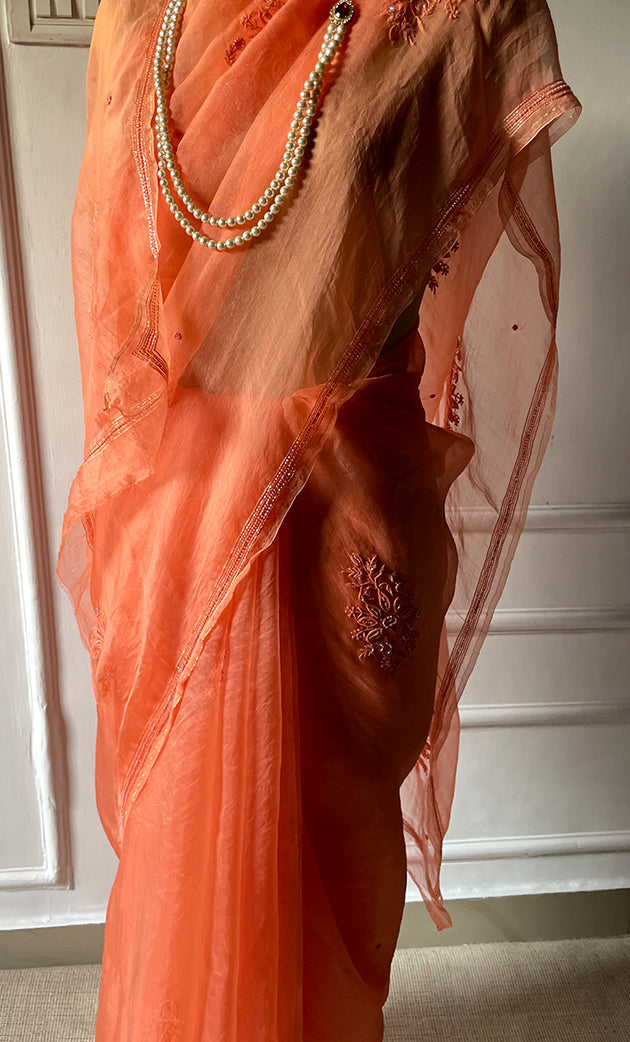 Women's Lucknowi Handcrafted Pure Organza Silk Chikankari Saree - HONC0283198
